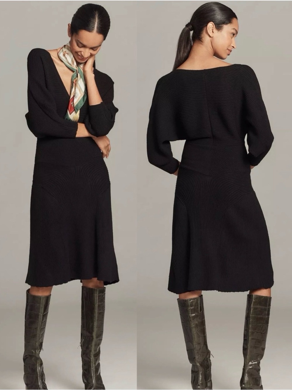 NWT By Anthropologie Smocked Waist Ribbed Sweater Dress Black Onyx Large Petite
